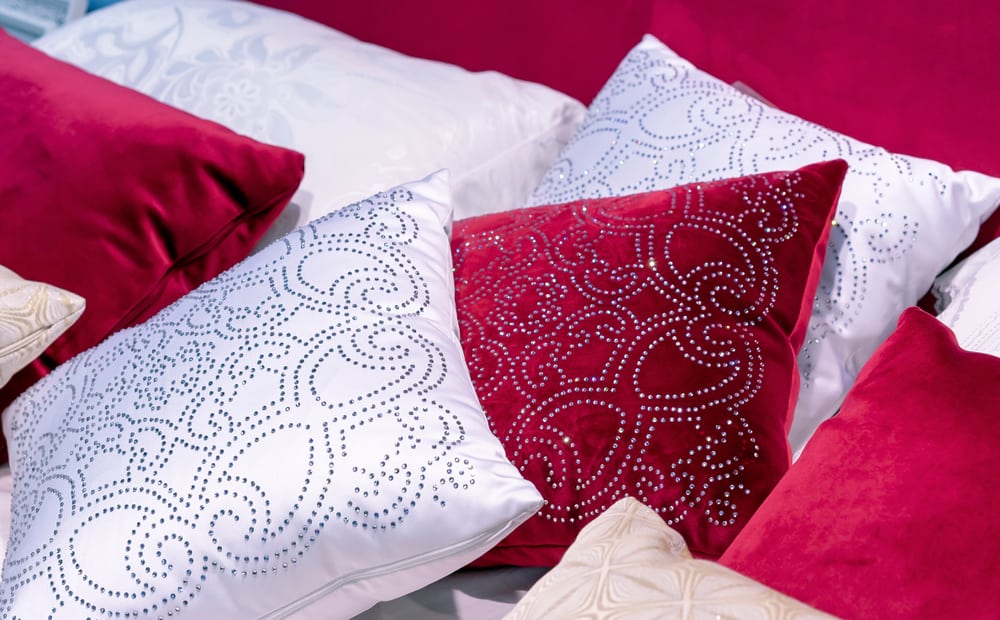 This is a close look at throw pillows with pillow covers made of Velvet Brocade.