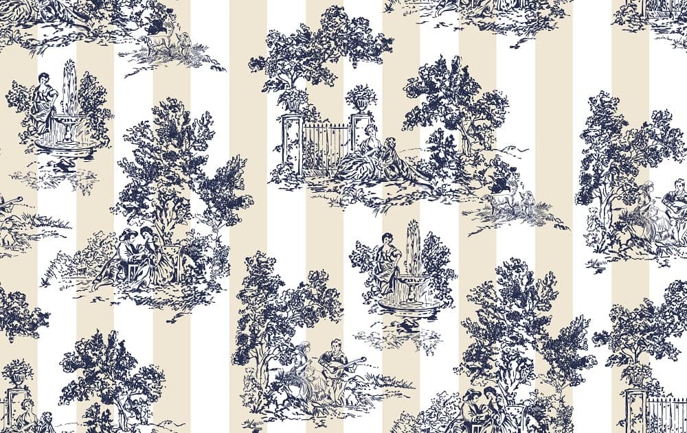 This is a close look at a patterned toile de jouy fabric.