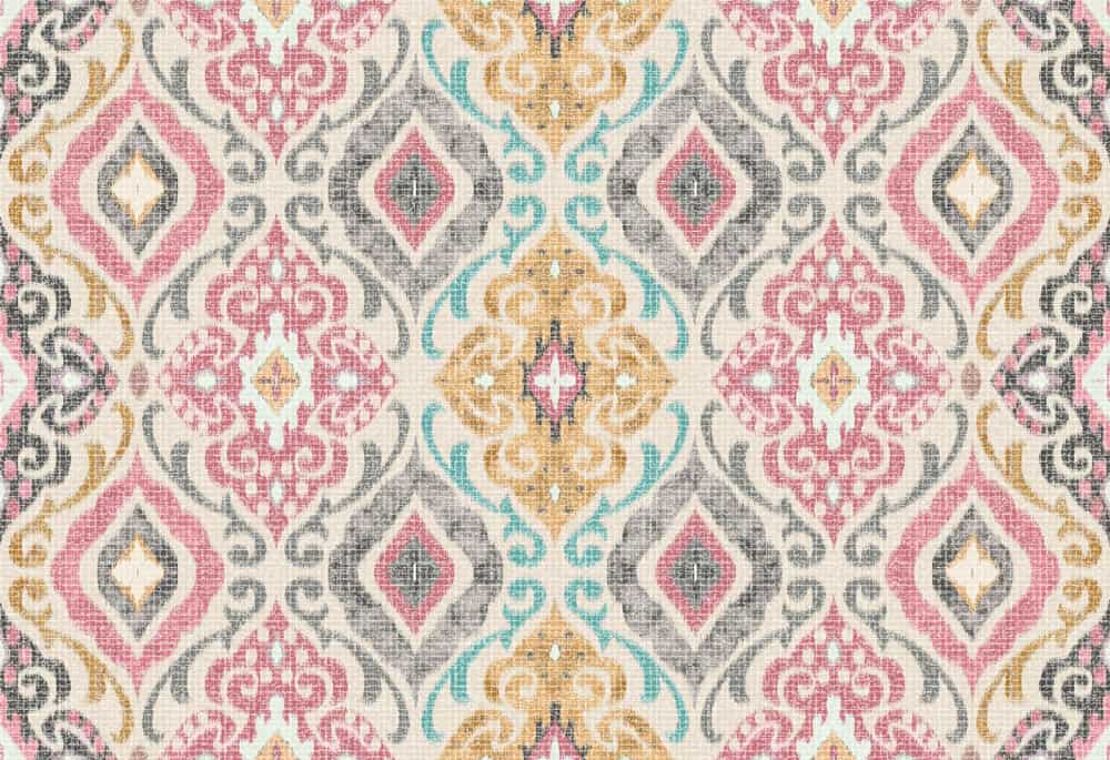 This is a close look at a colorful patterned Damask fabric.