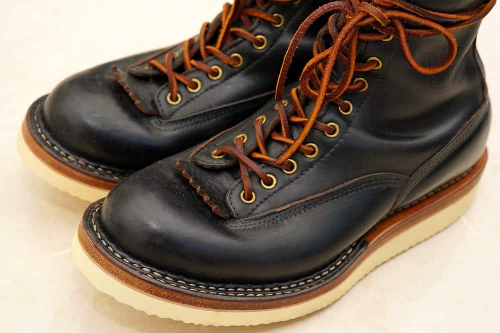 This is a close look at a pair of dark leather Chromexcel boots.