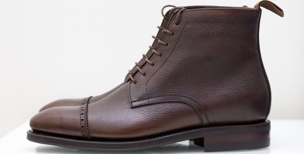 This is a close look at a pair of dark brown Scotch Grain shoes.
