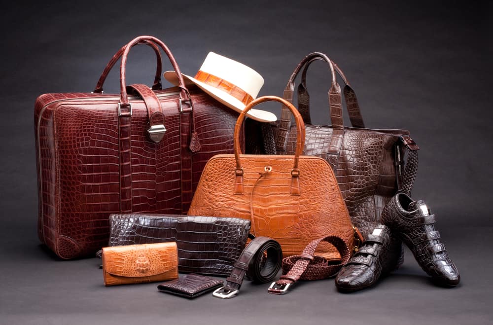 This is a look at various sets of products which are made of crocodile leather.