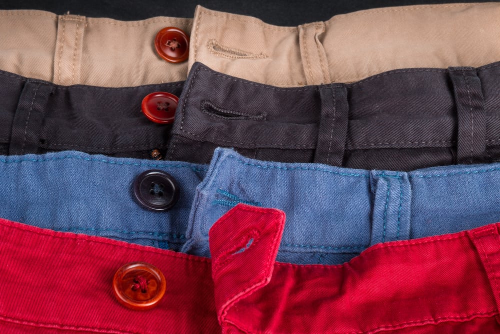 This is a close look at various twill shorts showcasing the buttons.