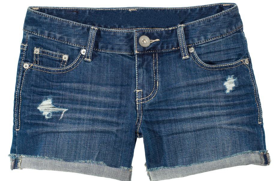 This is a close look at a pair of women's denim shorts.