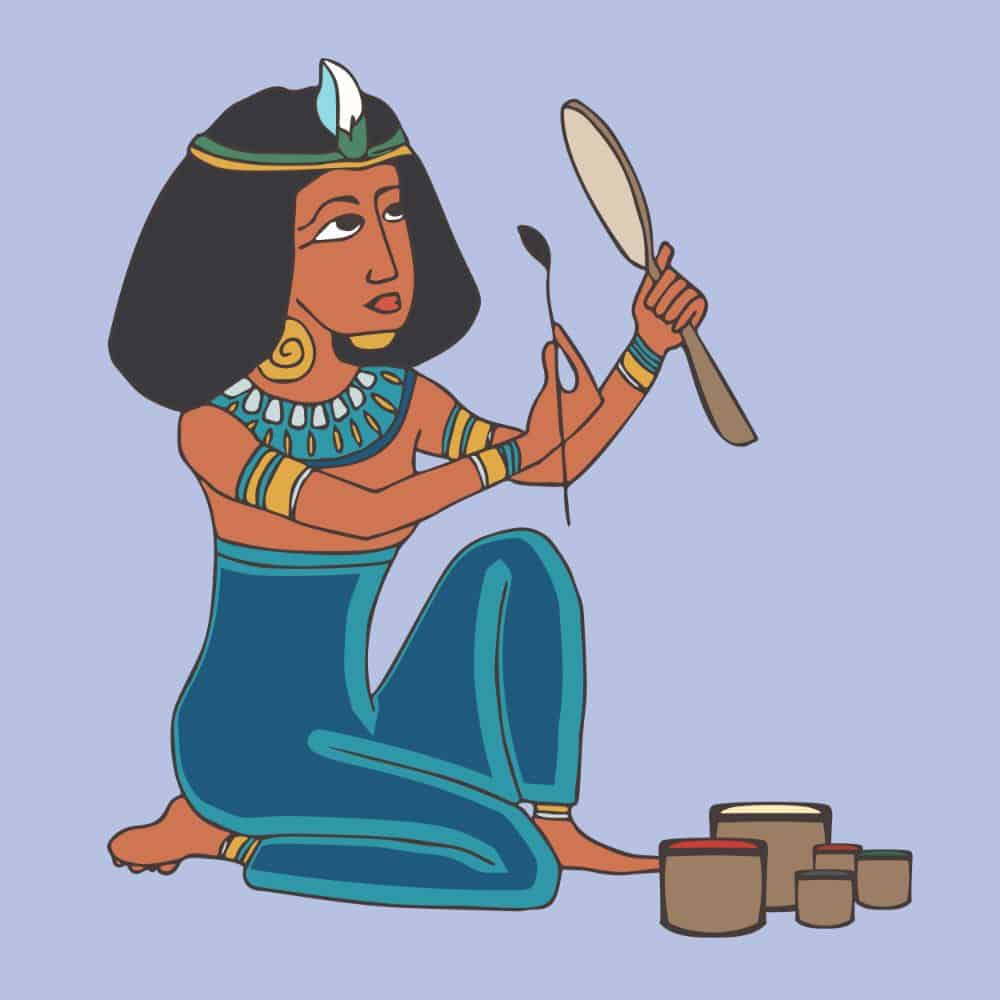 Egyptian girl holding a mirror and a makeup brush.