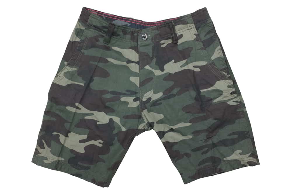 This is a close look at a camouflage-patterned pair of shorts.