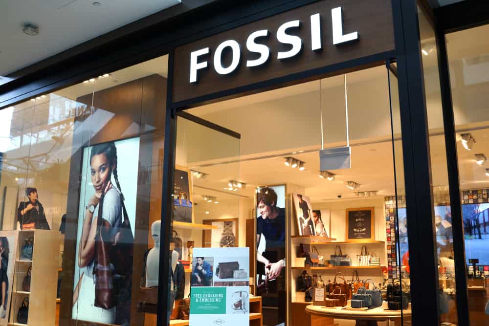 This is a close look at the Fossil store front in a mall.