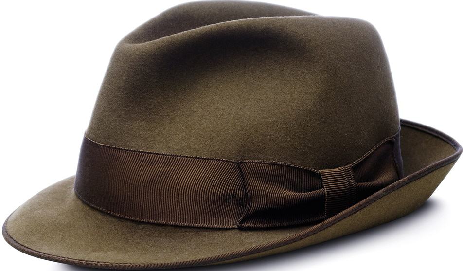 A close look at a brown homburg hat.