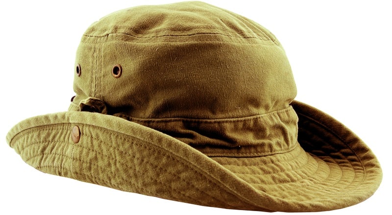 A close look at a forest green safari hat.