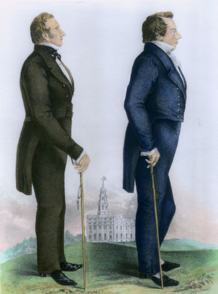 Dual portrait of Mormons Joseph and Hyrum Smith with the Nauvoo temple in the background.