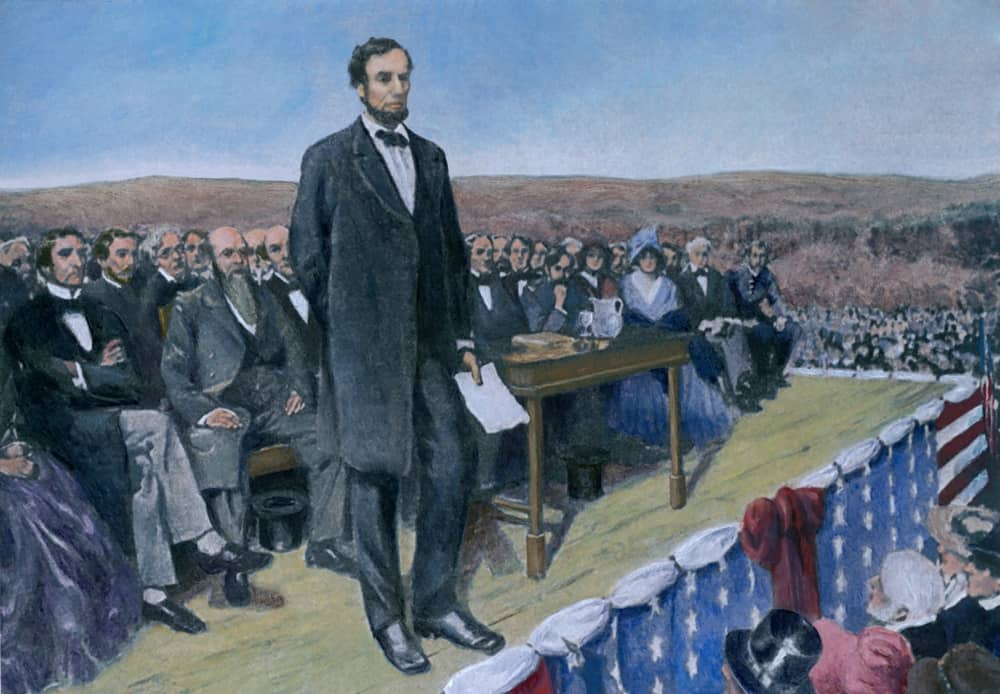 Abraham Lincoln delivering the Gettysburg Address at the dedication ceremonies at the Soldiers' National cemetery.
