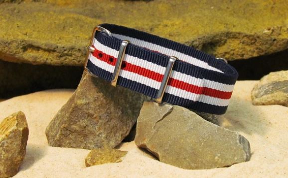 The Patriot II. Red, White and Navy Blue Multi-Striped Ballistic Strap w/ Polished Hardware from NATO.
