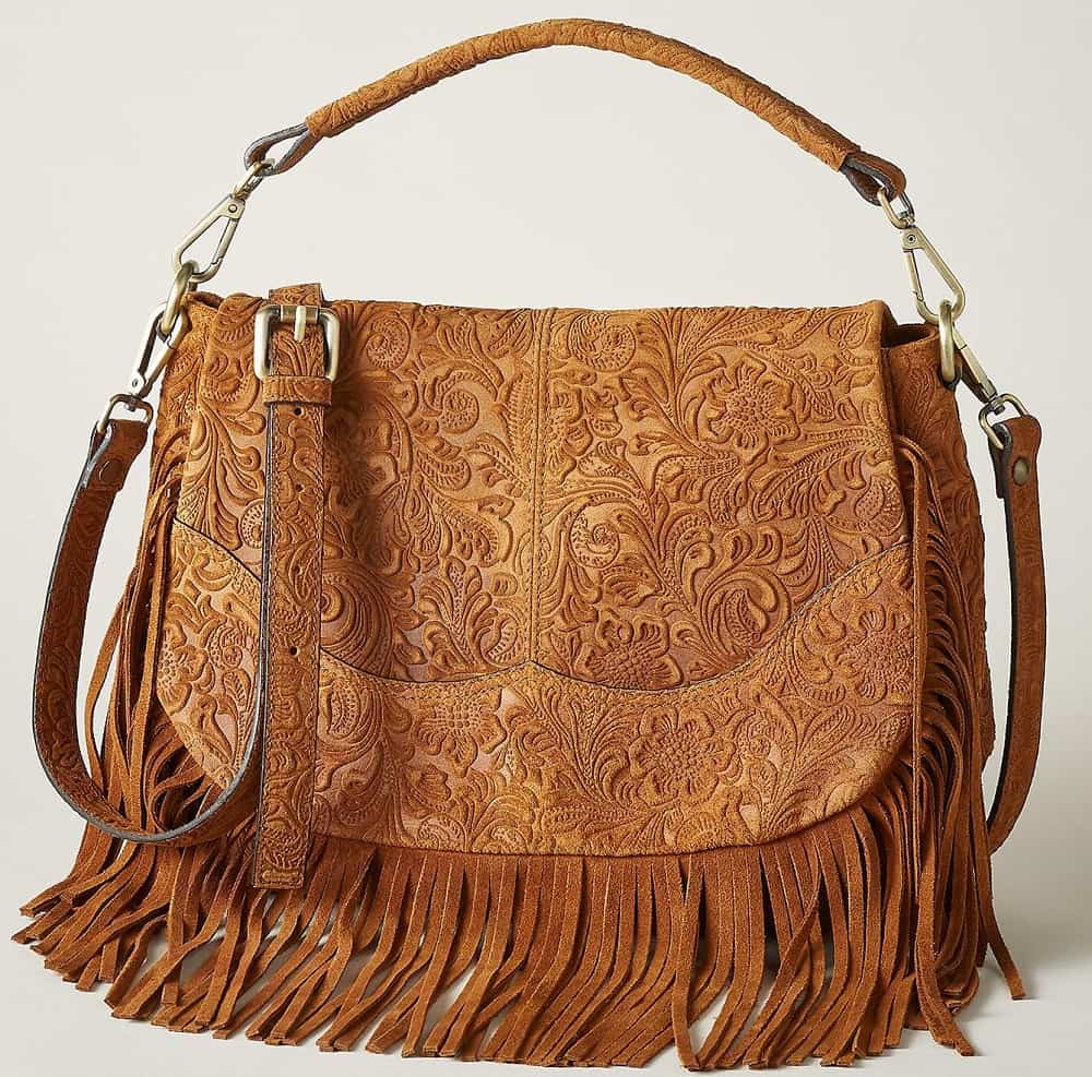 The Durango Fringed Bag in brown patterned leather by Sundance.