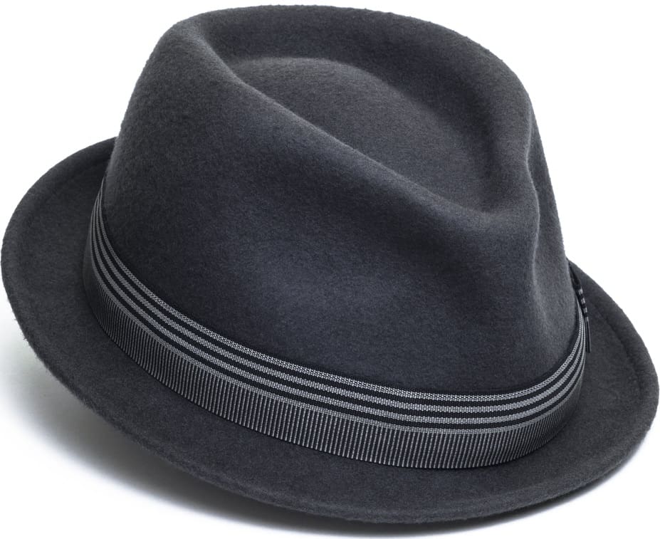 This is a close look at a dark gray fedora.