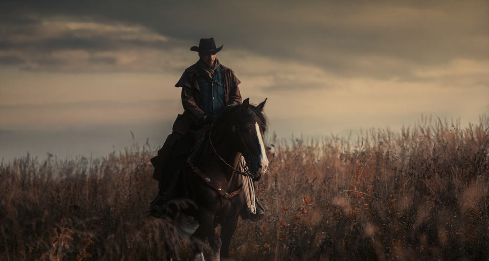 A cowboy riding on a horse wearing a cowboy hat.