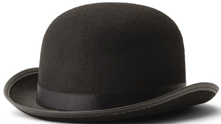 This is a close look at a vintage black bowler hat.