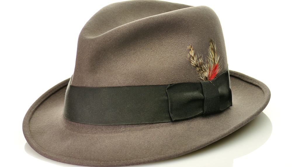 A dark gray fedora with a gray band adorned by feathers.