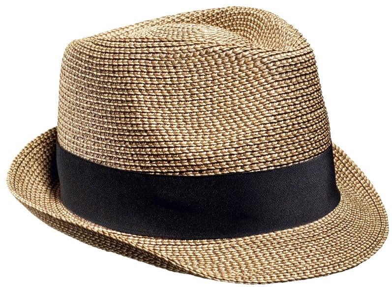 This is a close look at a brown fedora with black band.