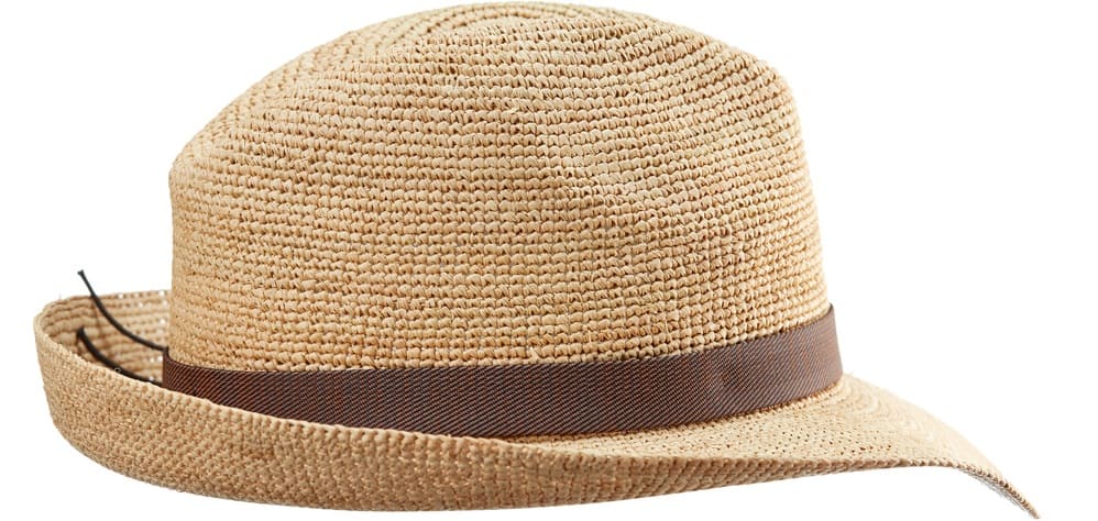 This is a brown woven straw fedora hat with a brown band.