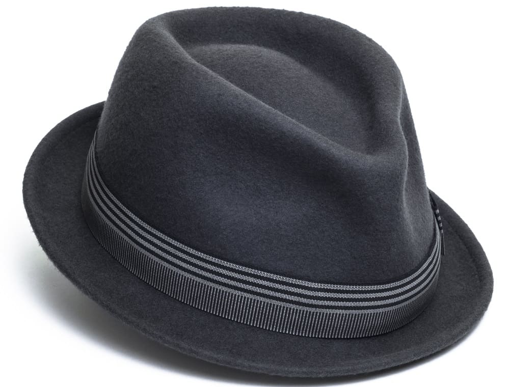 This is a gray trilby fedora hat with a striped band.