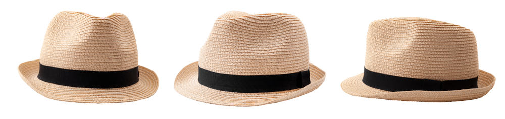 This is a woven straw fedora hat with black band seen from different angles.
