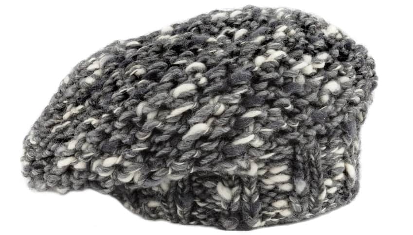 This is a close look at a gray woven mohair beret.