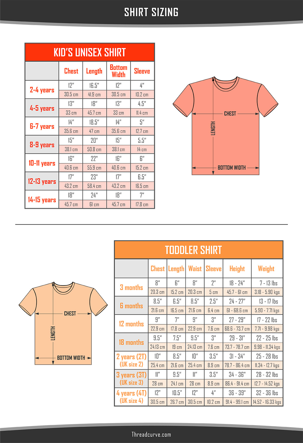 Kids' shirt sizes charts