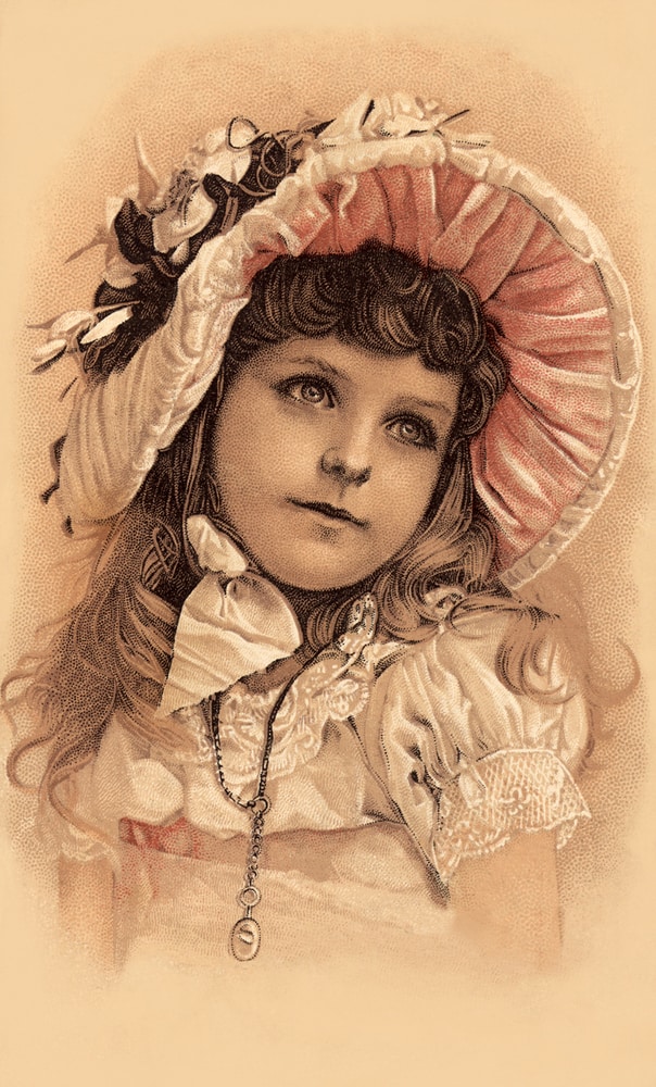 This is a vintage Victorian illustration of a girl wearing a dress and a bonnet hat.