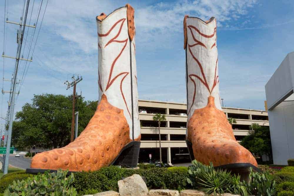 The iconic San Antonio cowboy boots landmark outside the North Star Mall.
