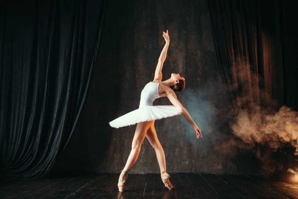 Ballerina in white tutu skirt dancing on the stage.