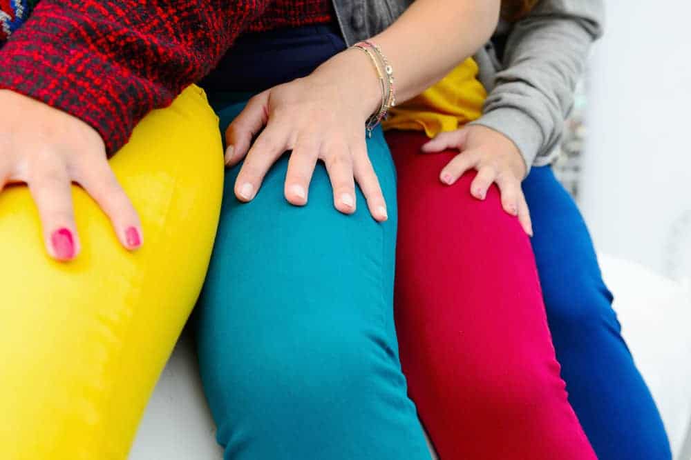 Yellow, blue and red jeans