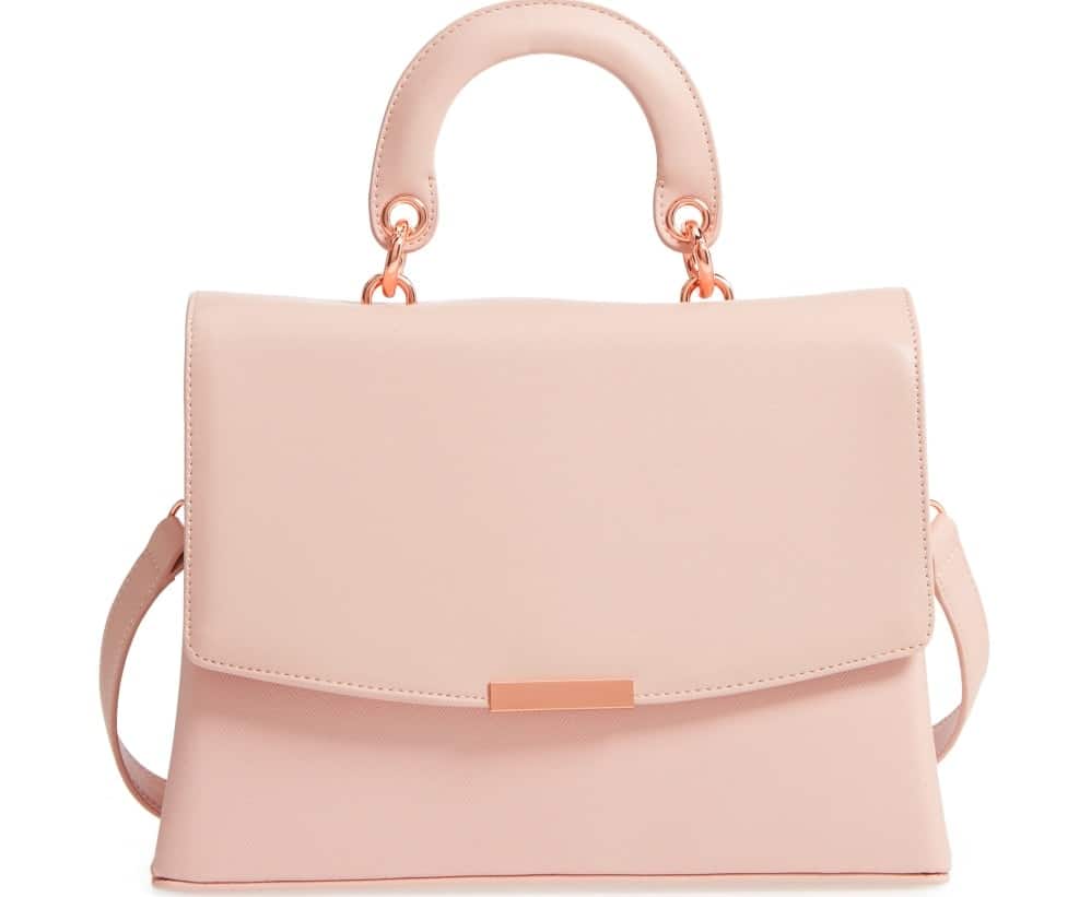A pink leather satchel purse.