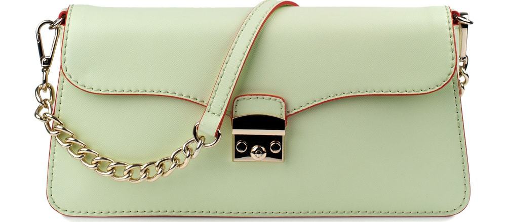 A close look at a tea green leather Baguette Bag.