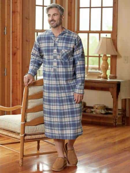 Man wearing Portugese flannel nightshirt from vermont country store.