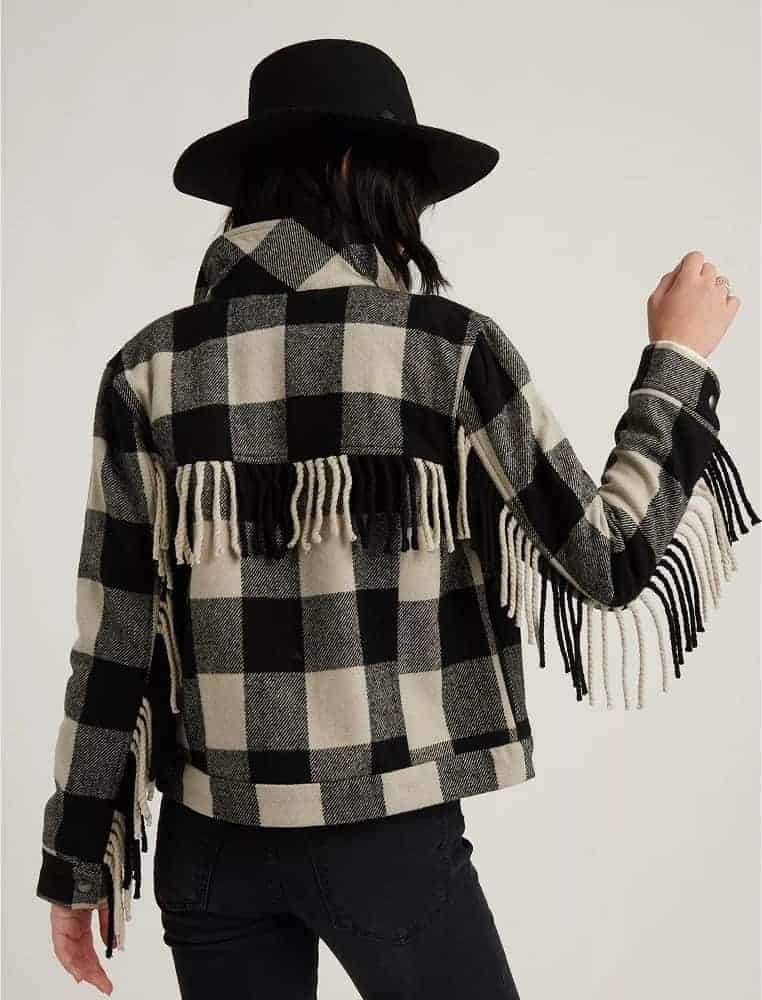 The wool fringe jacket plaid from Lucky Brand.