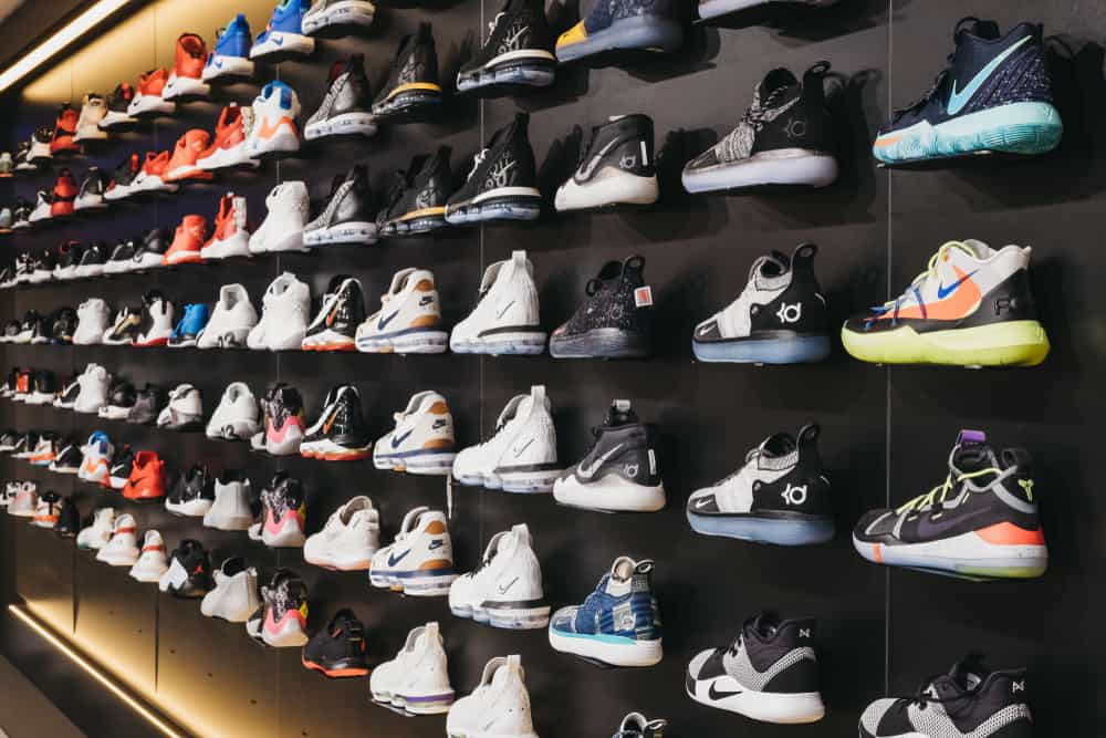 Basketball shoes display inside Bouncewear.