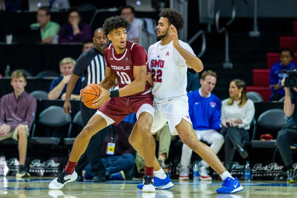 Temple Owls forward Jake Forrester (10) and Southern Methodist Mustangs forward Isiah Jasey (22) during a basketball game between the Temple Owls and SMU Mustangs January 18, 202, at Moody Coliseum, Dallas, TX.