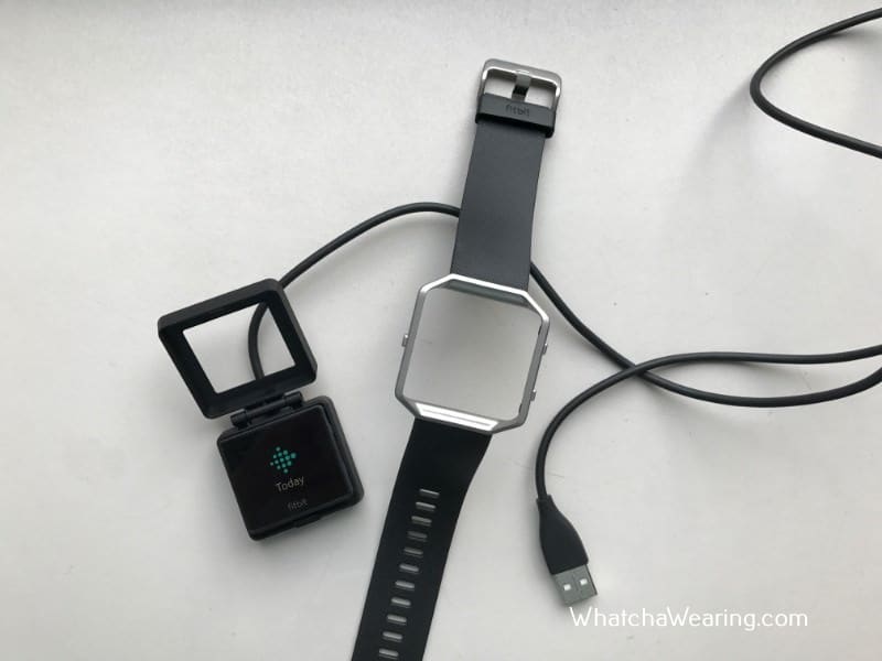 The Fitbit Blaze with charger.