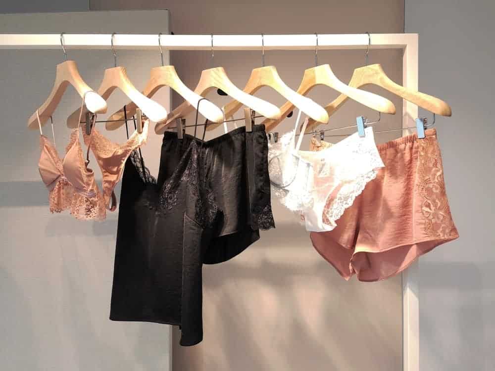 Various lingerie hanging on lingerie hangers.