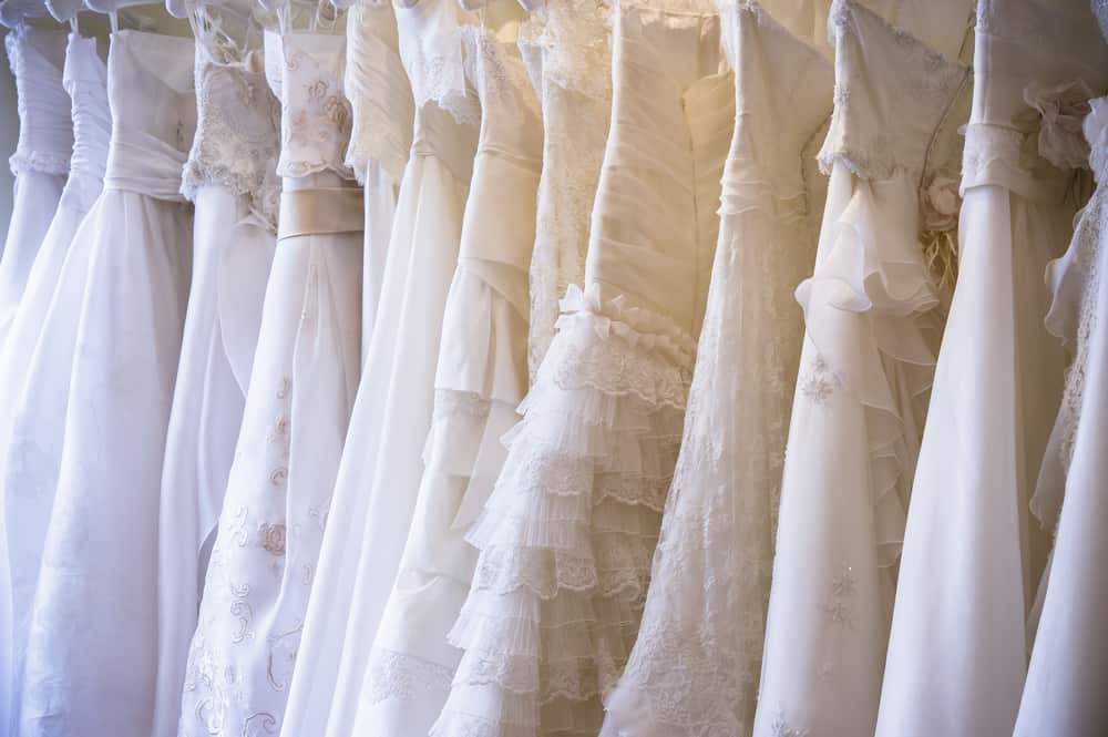 A collection of white wedding dresses.