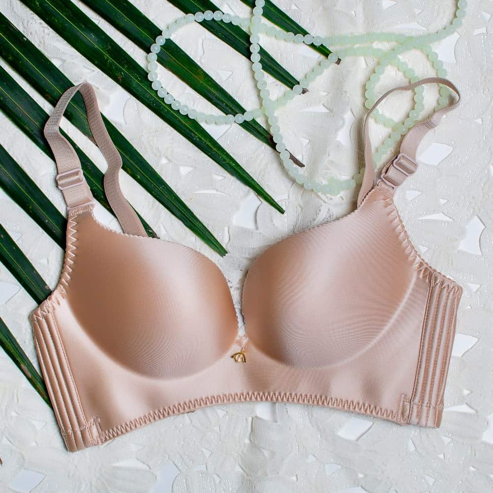 A close look at a piece of nude wireless bra.