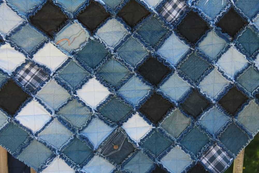 A close look at a denim quilt.