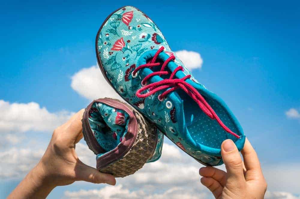 This is a close look at a couple of colorful running shoes.
