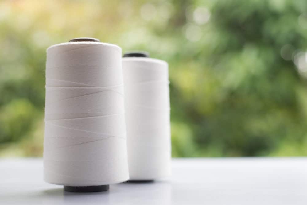 A close look at a couple of white polyester threads.