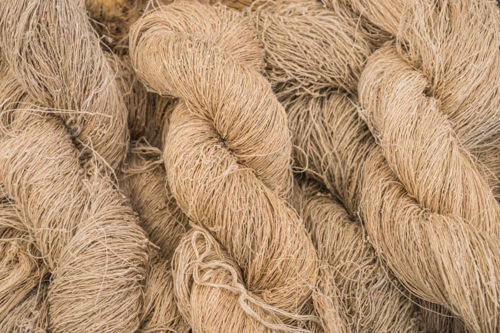 A close look at clumps of hemp yarn.
