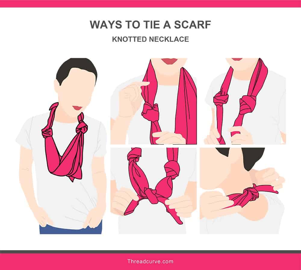 Illustration of the knotted necklace way to tie a scarf.