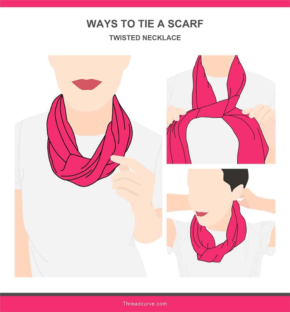 Illustration of the twisted necklace way to tie a scarf.