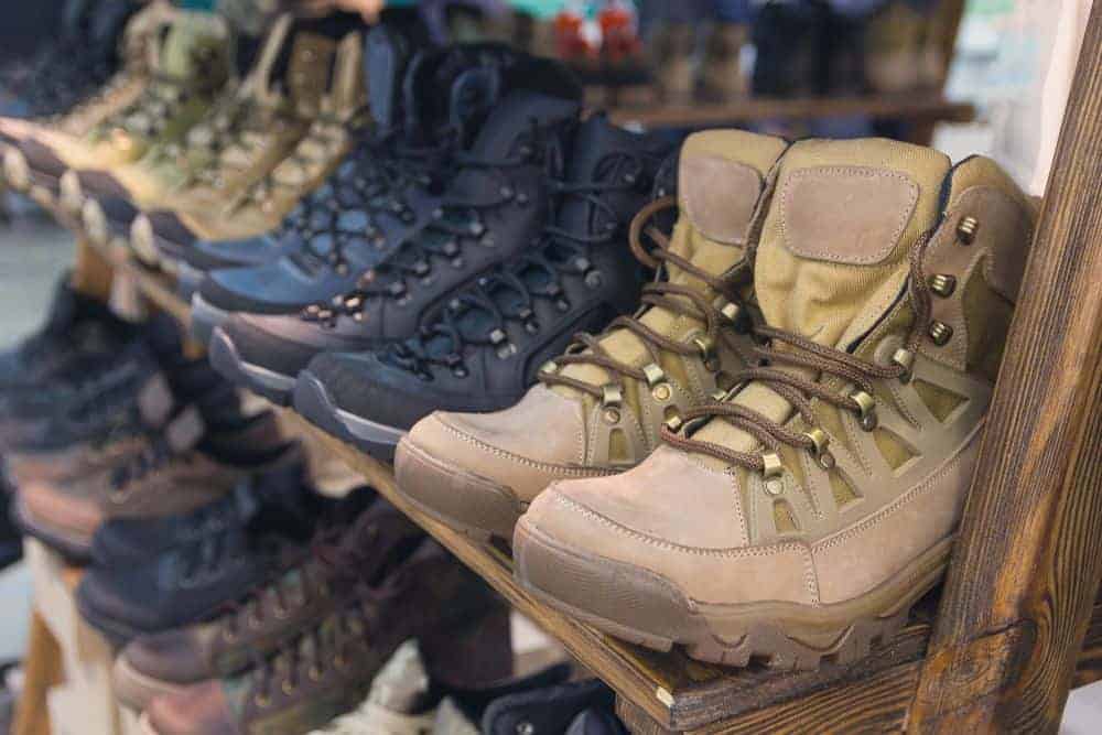 Display of various boots in a store.