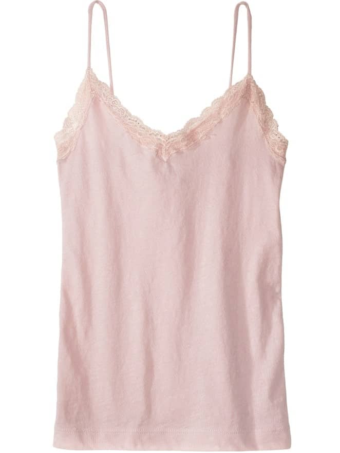A close look at a pink cotton camisole with spaghetti straps.