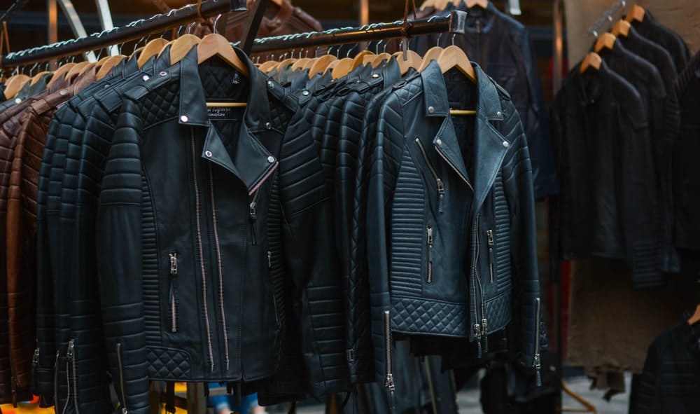 This is a display of various leather jackets at a store.